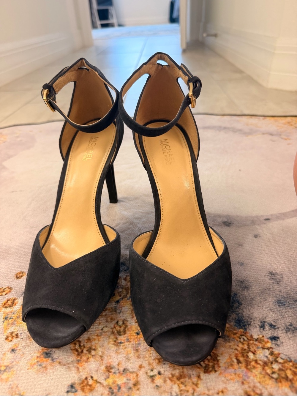 MICHAEL Michael Kors Black Suede Peep-Toe Ankle-Strap Heels with Gold Buckle
